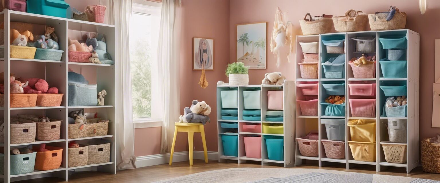 Colorful storage bins in a kids room.