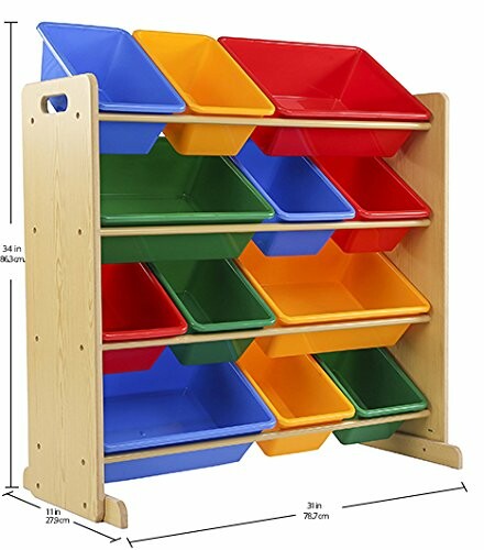 Colorful toy storage organizer with bins in red, yellow, green, and blue.