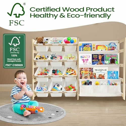 Child sitting on rug with eco-friendly storage shelves holding toys and books.