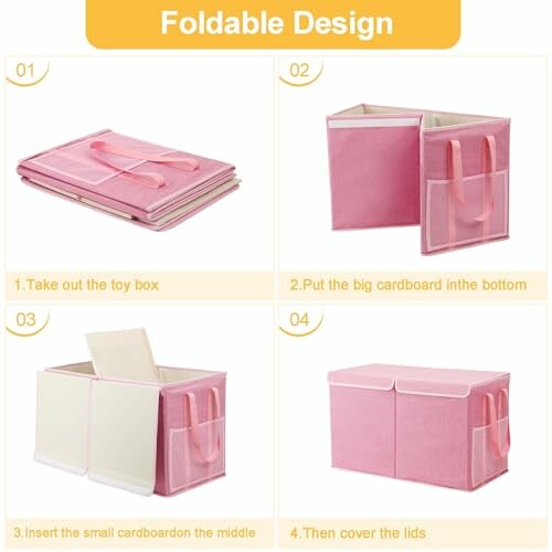 Step-by-step assembly of a foldable pink toy box.