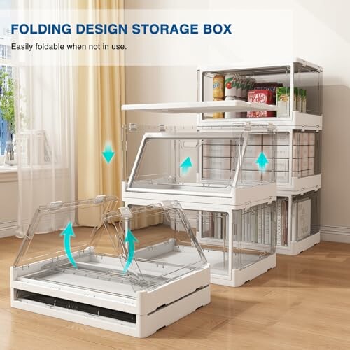 Stacked transparent folding storage boxes in a room.