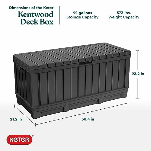 Keter Kentwood deck box with 92 gallons storage capacity and 573 lbs weight capacity.