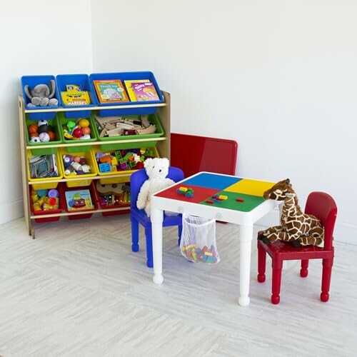 Children's playroom with toy shelf and small table with chairs.