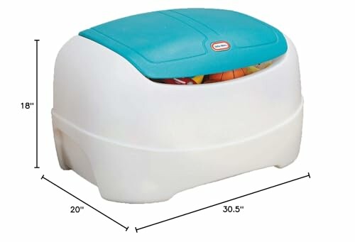 Little Tikes toy box with blue lid and measurements