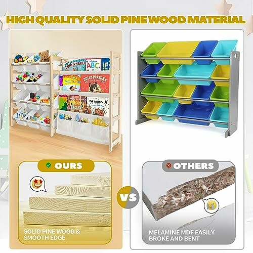 Comparison of solid pine wood and MDF shelves, highlighting durability and material differences.