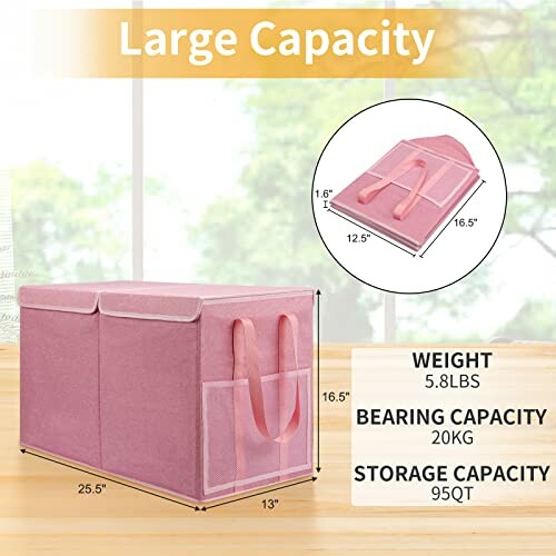 Large pink storage box with dimensions and capacity details.