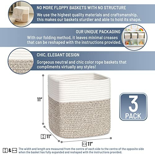 Three-pack of sturdy, chic rope baskets with neutral colors, measuring 11 inches each.