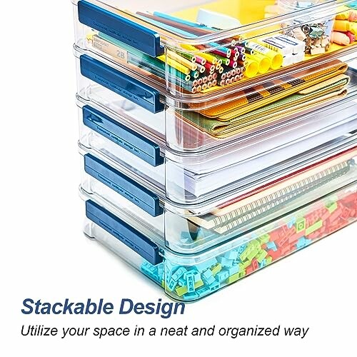 Stackable storage bins filled with various office supplies.