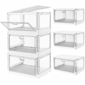 Stackable transparent storage boxes with front opening