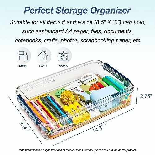 Clear storage organizer box with stationery items.