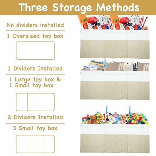 Illustration of three toy box storage methods with dividers.