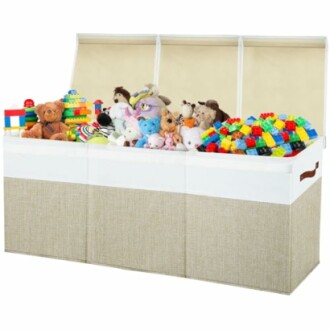 Toy storage box filled with stuffed animals and building blocks