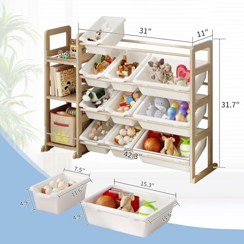 Toy storage organizer with multiple plastic bins and bookshelves.