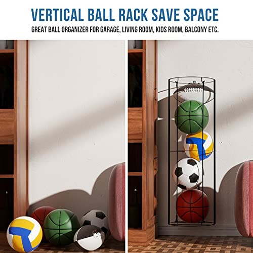 Vertical ball rack organizing various sports balls.