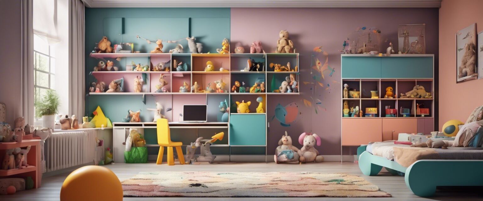 Wall-mounted shelves in a kids room.