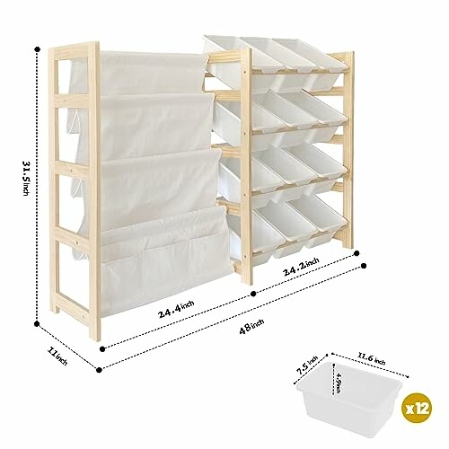 Wooden storage organizer with 12 white bins and fabric shelves, dimensions labeled.